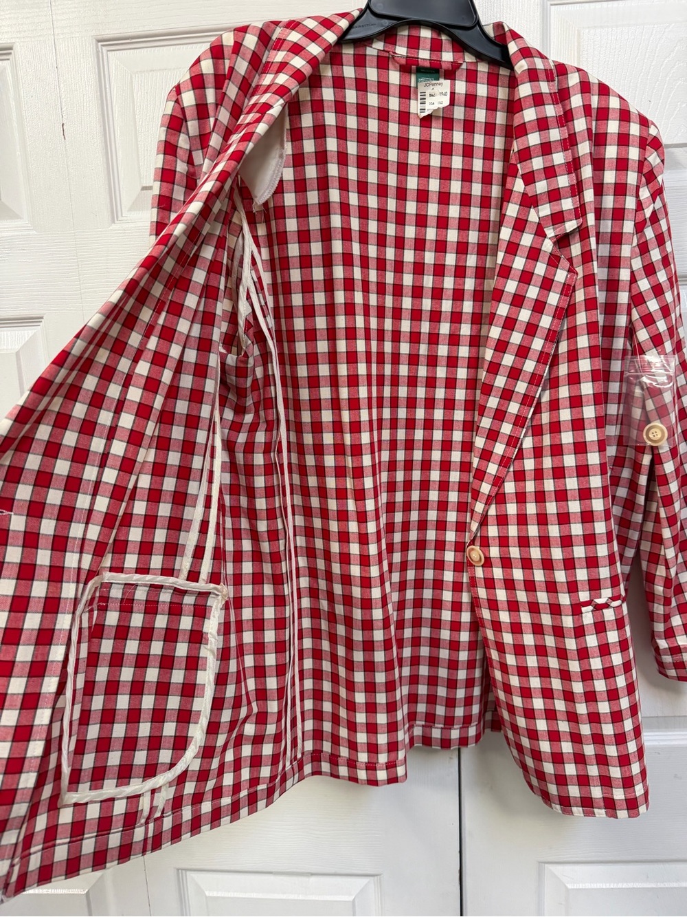 Red & White Plaid Gingham Blazer 100% Cotton Jacket Women's Size XL NOS - Picture 11 of 15